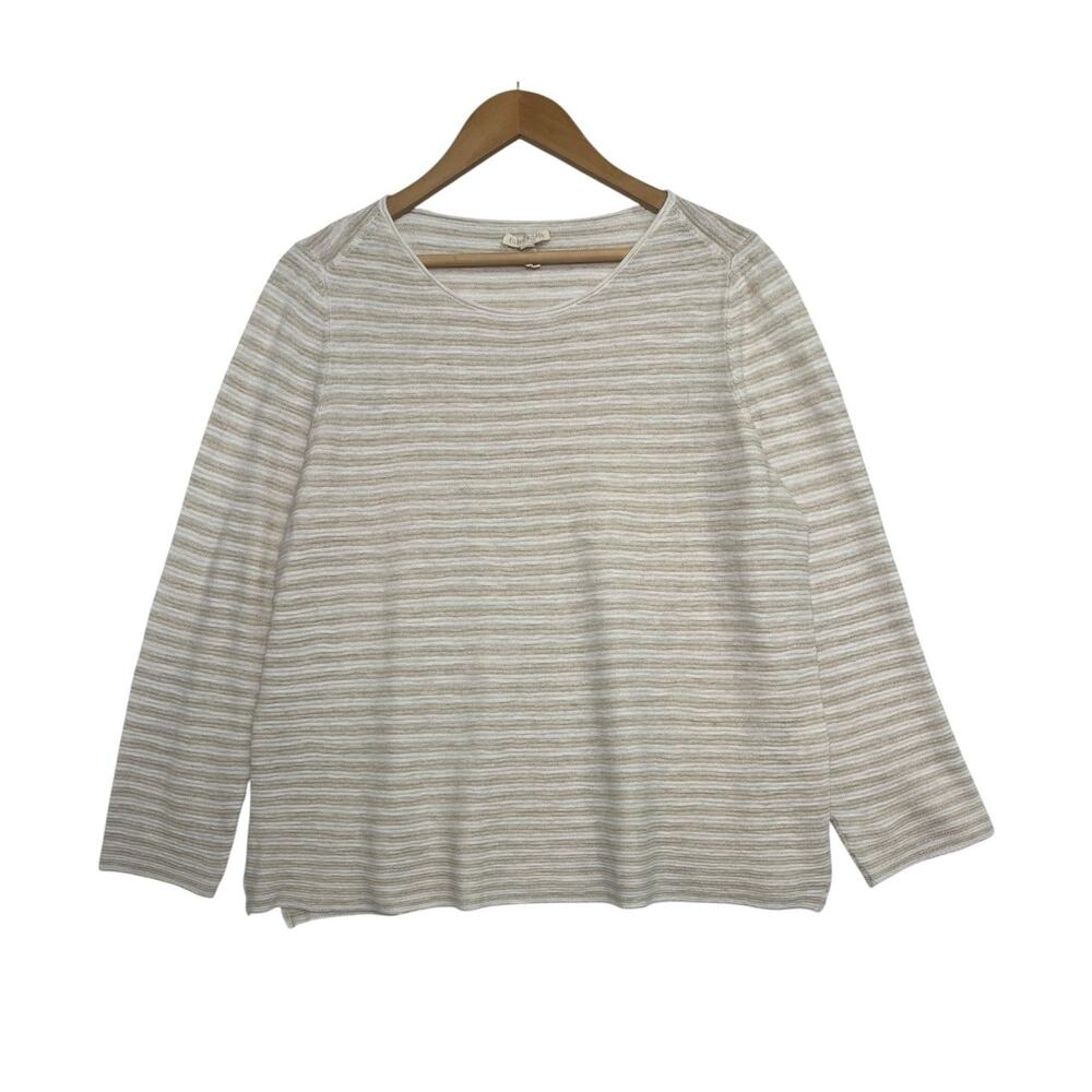 Eileen Fisher Top Womens Large Beige Linen Organic Striped Long Sleeve Neutral